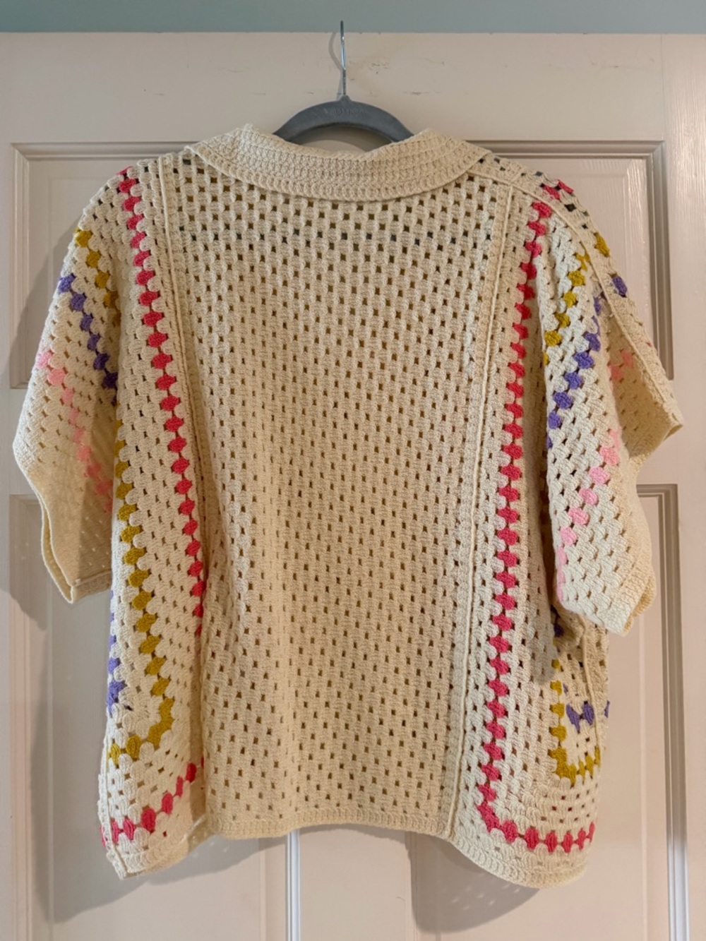Ultra Pink Cream Open-Weave Crochet Polo Sweater - Picture 4 of 4